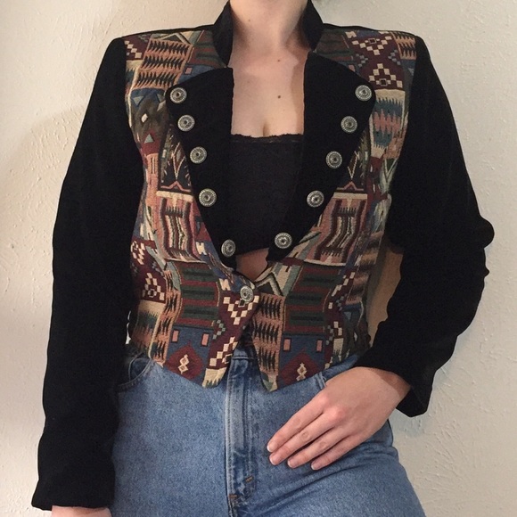 Vintage Jackets & Blazers - VTG Southwestern Aztec Rug Velvet Jacket